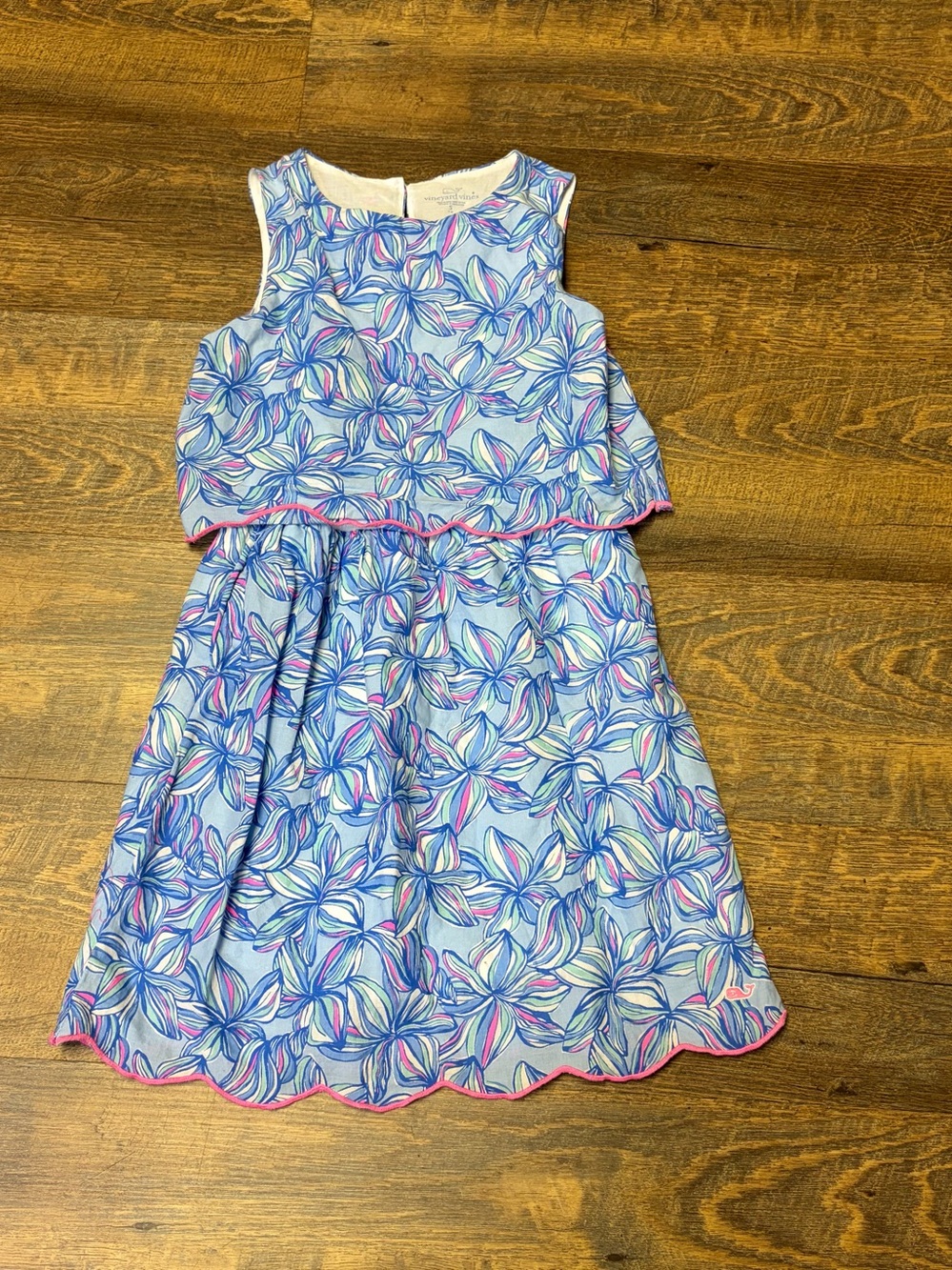 Vineyard Vines Girls Small 7/8 Beach Tropical Dress Tiered Blue Pink Floral